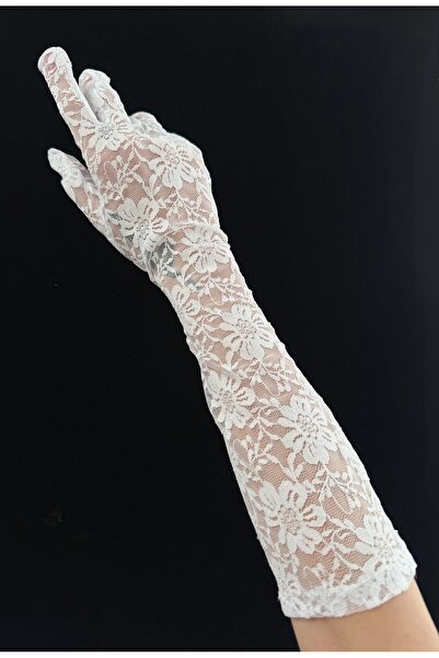 DarkellaStore Gotik Gothic Victorian Uzun Dantelli Eldiven Dantelli Parti Eldiveni Beyaz Dantel Eldiven
