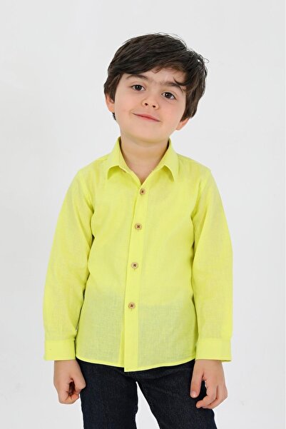 PİERLES Ленена детска риза с дълъг ръкав в неоново жълто