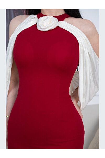 TREN Women's Cocktail Party Dress - Red Crepe Halter Neck Midi with White Shoulder Cape Detail