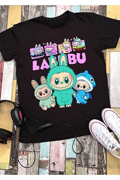RYO FASHİON Labubu Multi T-Shirt 100% Cotton Black Short Sleeve Model-10