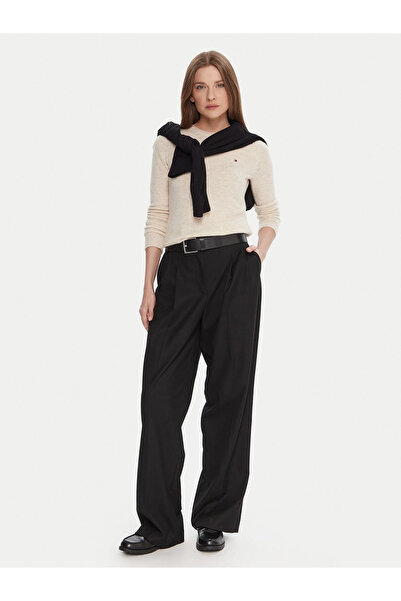 Tommy Hilfiger Kadın Kısa Kol Bisiklet Yaka Çizgili Regular Fit Bej Kazak WW0WW40264-ADK