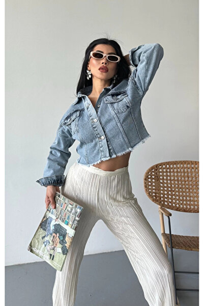 TH COLLECTİON Double Cap Tasseled Crop Top Ice Blue D2002 - S