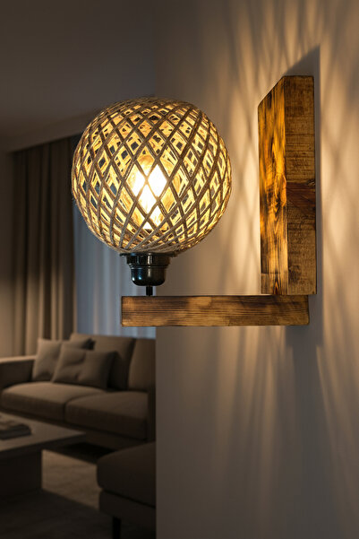 Celestia Yukarı Yönlü Ahşap Aplik Jüt İp Başlıklı Rustik Duvar Lambası Salon Yatak Odası Dekoratif Aydınlatma