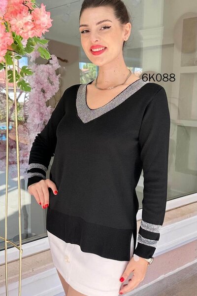 İnce Topuk V-Neck Glitter Knit Blouse 6K088