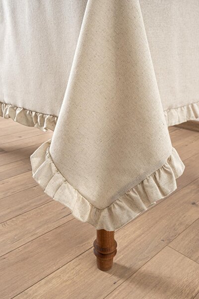 Denizli Concept Beige Tablecloth with Ruffled Edges - Selendi Soft Color - Cotton 150X220Cm