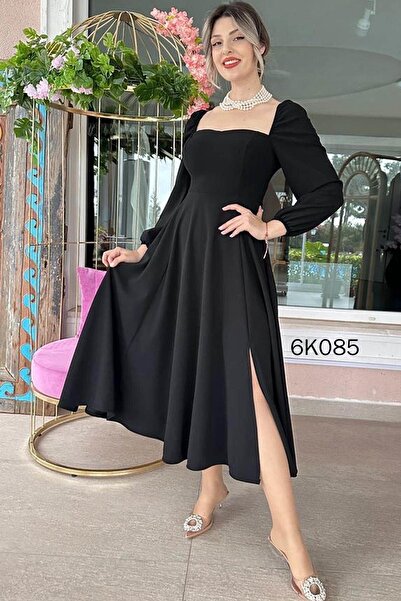 İnce Topuk Kalp Yaka Yırtmaçlı Krep Elbise 6K085