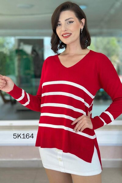 İnce Topuk V-Neck Striped Knitwear Blouse 5K164