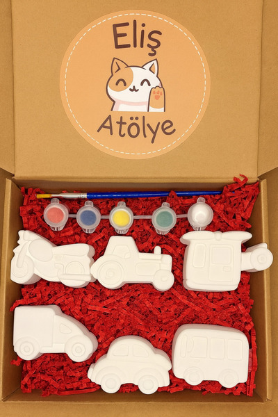 EL YAPIMI Eliş Atölye 6’lı Taşıt Taş Boyama Seti – 6 Renk Boya ve 1 Fırça Dahil Eğitici Aktivite Kutusu