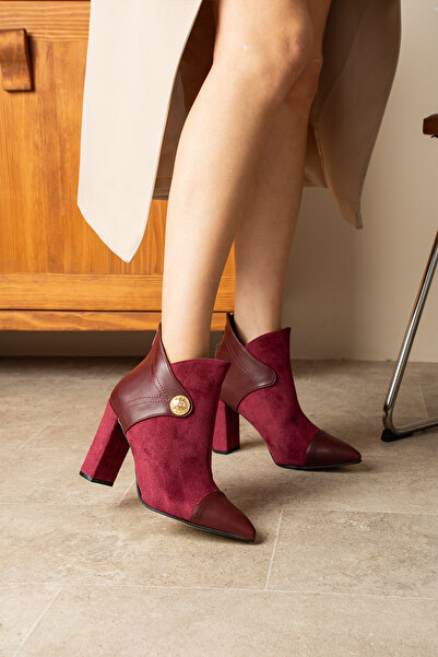 BERFONA LAYLA BORDO SÜET 7 CM TOPUKLU DÜĞME DETAYLI FERMUARLI BOT BOTTİE