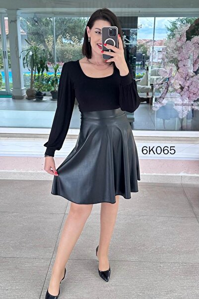 İnce Topuk Üstü Viskon Eteği Deri Elbise 6k065