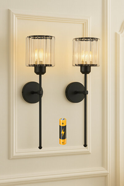 Fico Home Modern Pilli Aplik Kristal Taşlı Şık Kablosuz Aç Kapa Butonlu Aplik Siyah Tak Çalıştır 1 ADET