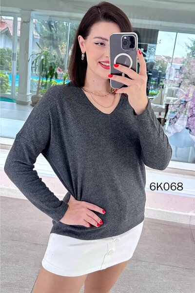 İnce Topuk V-Neck Batwing Sleeve Soft Knit Blouse 6K068