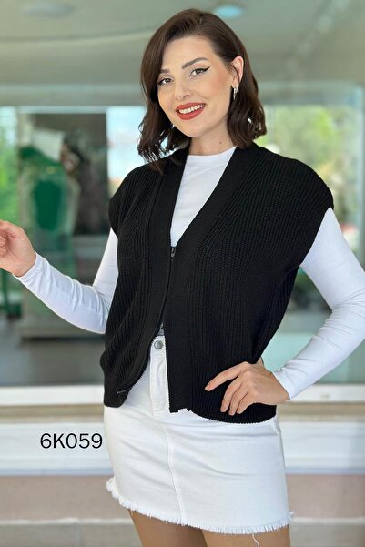 İnce Topuk Zippered Bat Knitwear Vest 6K059