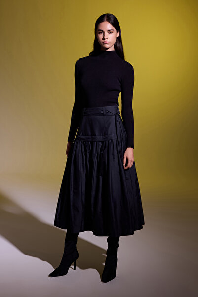 Jus De Pommes SİYAH PİLELİ KUŞAK DETAYLI MİDİ BOY ETEK