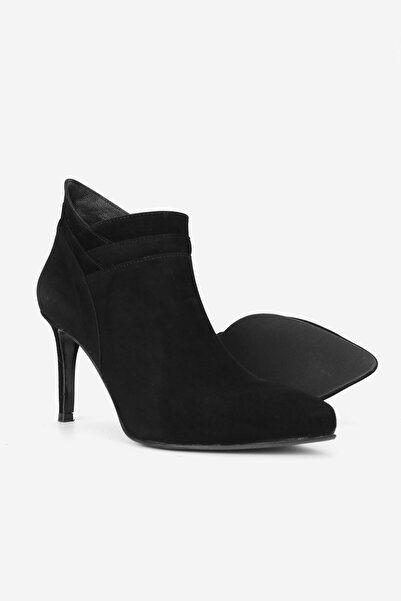 TUNAELLİ KADIN SİYAH SÜET HAKİKİ DOĞAL DERİ 35-40 NUMARA İNCE TOPUKLU SİVRİ BURUNLU BOT & BOOTİE