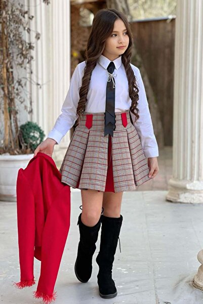 Riccotarz Girls' Blazer Jacket, Tie Stripe Red Skirt Suit