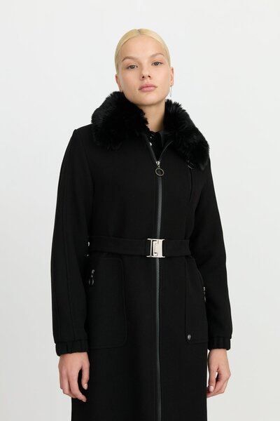 Nihan Beli Kemerli Seyyar Kürk Yakalı Kaban Siyah