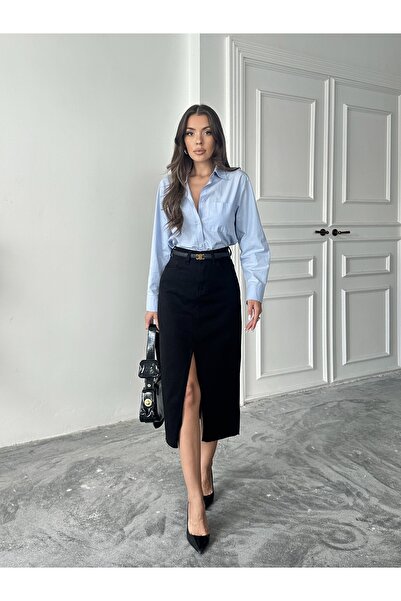 blue marlın KADIN SİYAH ETEK UCU KESİK ÖN YIRTMAÇ KETEN ETEK