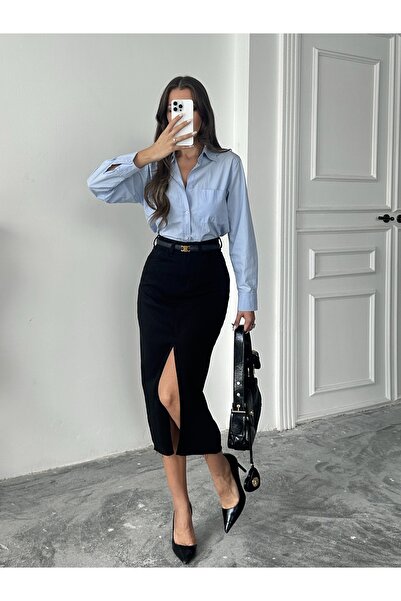 blue marlın KADIN SİYAH ETEK UCU KESİK ÖN YIRTMAÇ KETEN ETEK