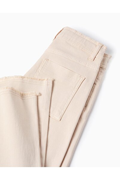 Ziddy Wide Leg Twill Trousers with Frayed Hems for Girls, Beige
