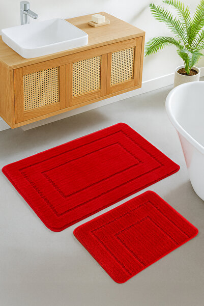 Konfor Halı Doğal Kaymaz Taban Banyo Paspas Seti Uzun Ömürlü Yumuşak Su Emici Yıkanabilir Kırmızı 50x80-50x40