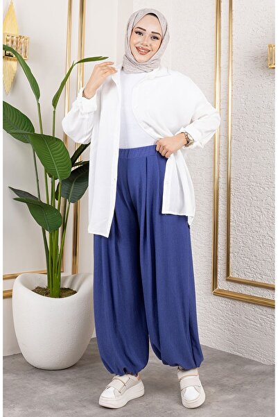 sefamerve Beli Lastikli Şalvar Pantolon 0001-05 Açık Mavi
