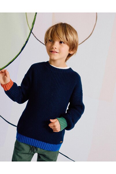 Ziddy سترة محبوكة بتفاصيل ملونة للأولاد، أزرق غامق