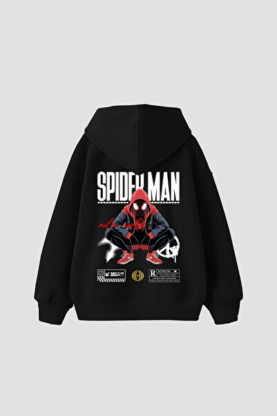 Sekizbiraltı Hanorac negru oversize unisex cu imprimeu Spider