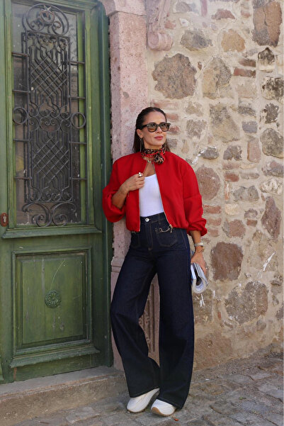 Purple by Banu بنطلون جينز بتفاصيل سلسلة جيب باللون الأزرق الداكن