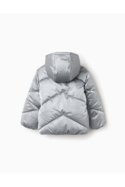 Ziddy Padded Jacket with Fleece Lining and Hood for Girls, Silver