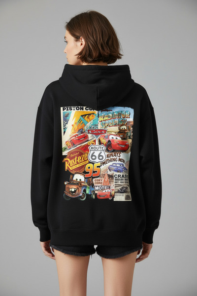 BRF Collection هوديي للجنسين من Cars مطبوع قصة فضفاضة – تصميم Route 66 وLight...