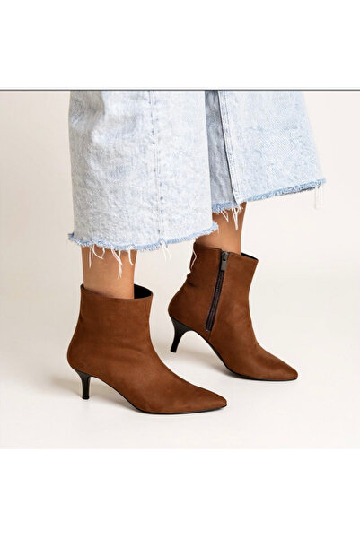 NE&VE SHOES Taba Süet Sivri Burun Kadın Klasik Bot