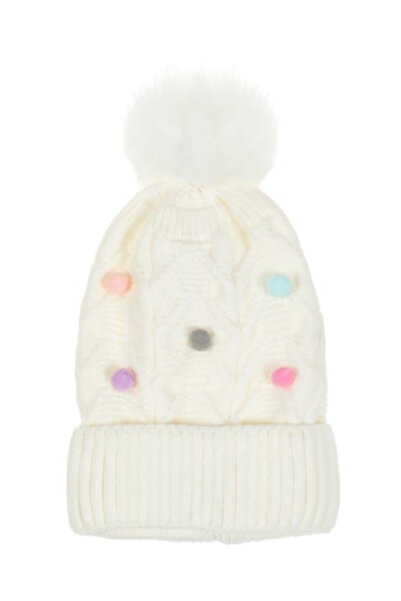OEM Knitted Hat in Ecru with Colored Pompoms for Babies