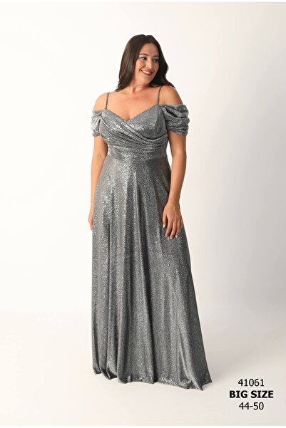 asyadabutik Γυναικείο βραδινό φόρεμα με λεπτομέρειες από γκλίτερ, λουράκι και λαιμόκοψη βάρκας