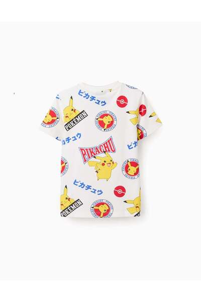 Ziddy Cotton T-shirt with Print for Boys 'Pikachu', White