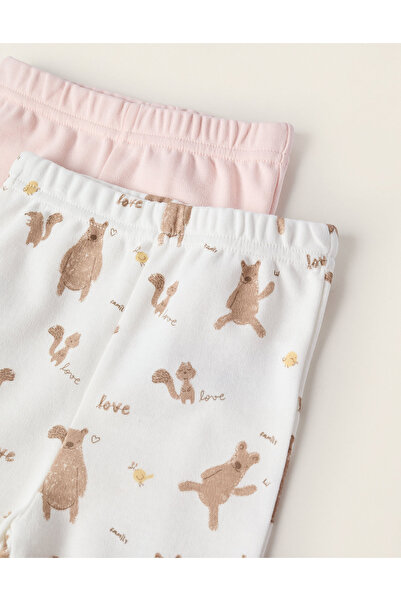 Ziddy Pack of 2 Footed Trousers for Baby Girls 'Family Love', Pink/White