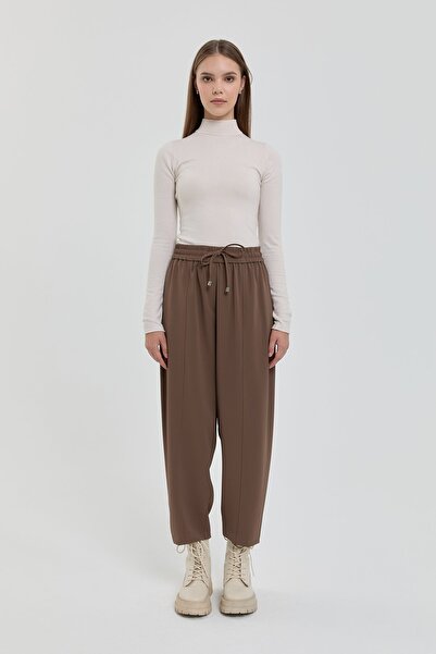 Nihan Beli Lastikli Bol Havuç Pantolon Vizon