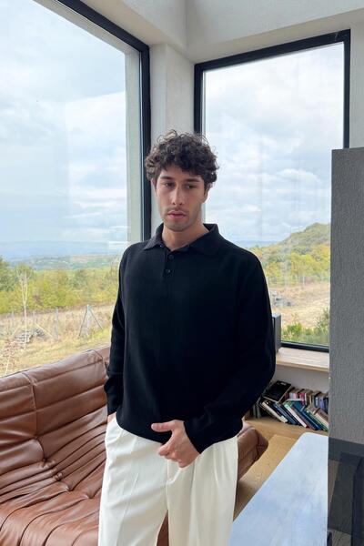 Flaw Wear Düğmeli Polo Yaka Triko Kazak Siyah