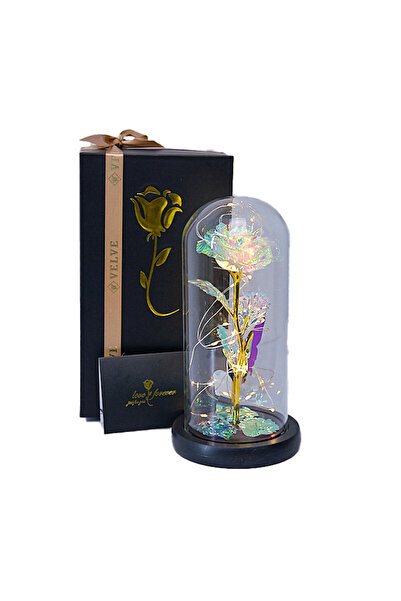 velve Handmade rose in a dome, with petals on a black tabletop, LED, greeting...