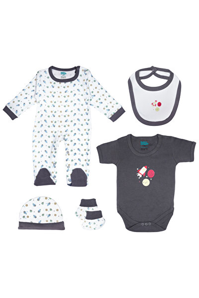 Babies Basic 5 piece Unisex 100% Cotton Sets include Bib, Romper, Mittens, Cap and Sleepsuit/Jumpsuit