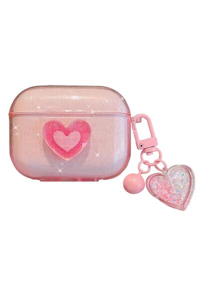 Microsonic Airpods Pro 3 Kılıf Simli Parıltılı Kalp Desenli Pembe