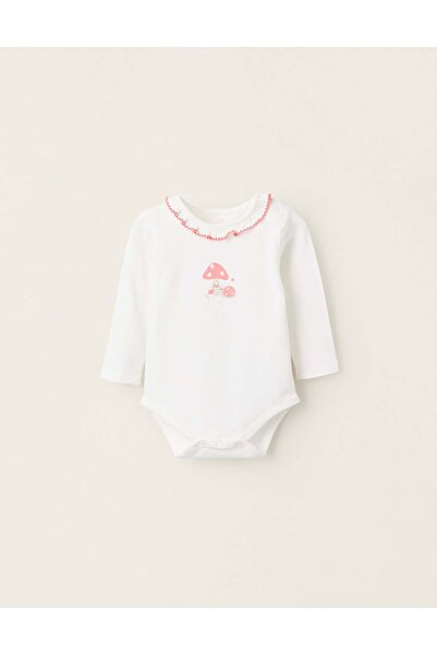 Ziddy بدلة جسم مع كشكشة عند الياقة للفتيات حديثات الولادة "مشروم"، باللون الأبيض