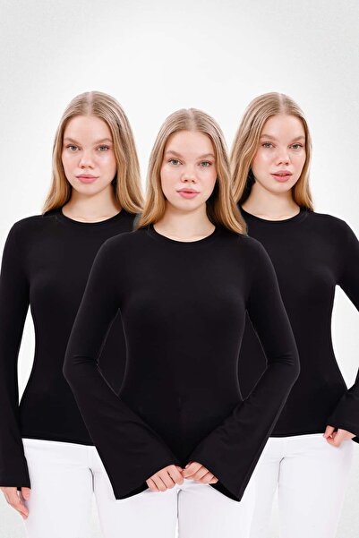 Yade Fashion Kadın İspanyol Kol Body 3’lü Set – Siyah