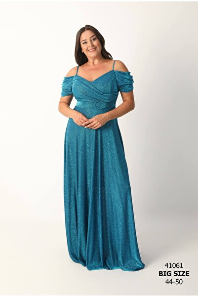 asyadabutik فستان سهرة نسائي كبير الحجم بتفاصيل لامعة وحمالات وياقة قارب