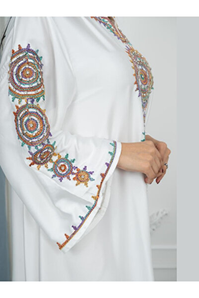 TREN White Embroidered Maxi Kaftan - Long Sleeve Bohemian Ethnic Jalabiya Evening Dress