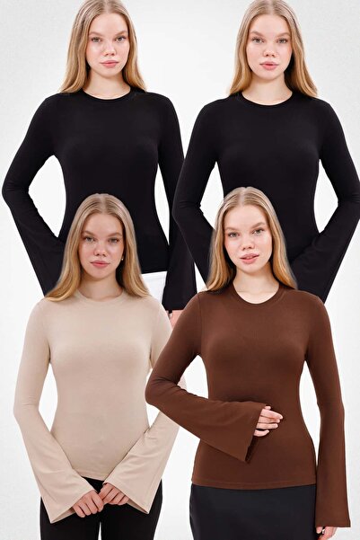 Yade Fashion Kadın İspanyol Kol Body 4’lü Set – 2'li Siyah Ekru Kahverengi