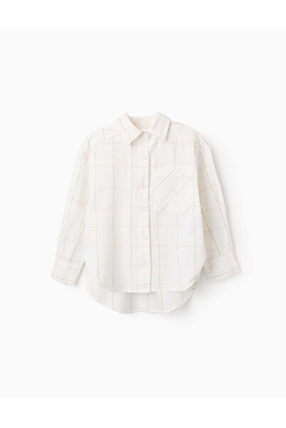 Ziddy Asymmetrical Cotton Check Shirt for Girls, White
