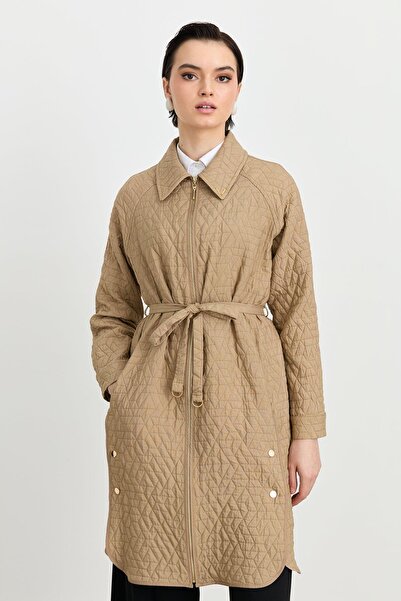 Nihan İnce Kapitone Kuşaklı Kap Bej