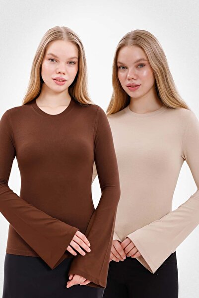 Yade Fashion Kadın İspanyol Kol Body 2’li Set – Kahverengi Ekru