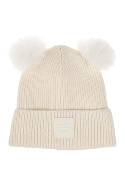 OEM Ecru Hat with 'Mind Body' Embossed Patch and Pompons for Kids